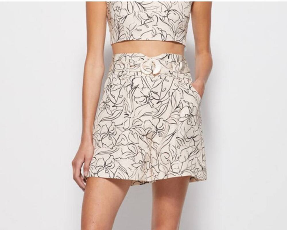 Jonathan Simkhai Beige Floral Linen Belted High Waist Shorts Size 14